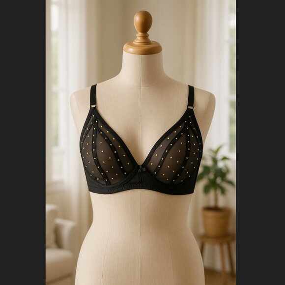Frederick’s of Hollywood Underwire Bra 34F 34DDD Rozlyn Black Mesh Gold Stud NWT - Picture 1 of 8